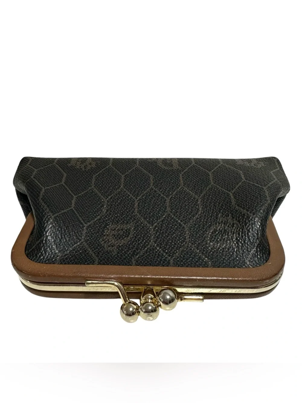 Dior Honeycomb Vintage Black & Tan Leather Kisslock Card & Coin Case